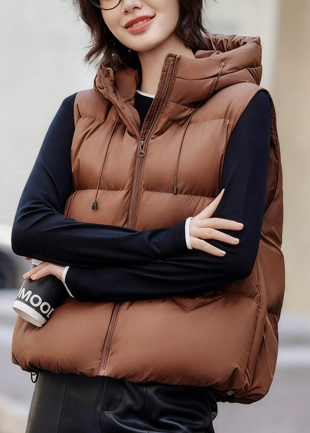 Coffee Pockets Drawstring Duck Down Waistcoat Hooded Winter