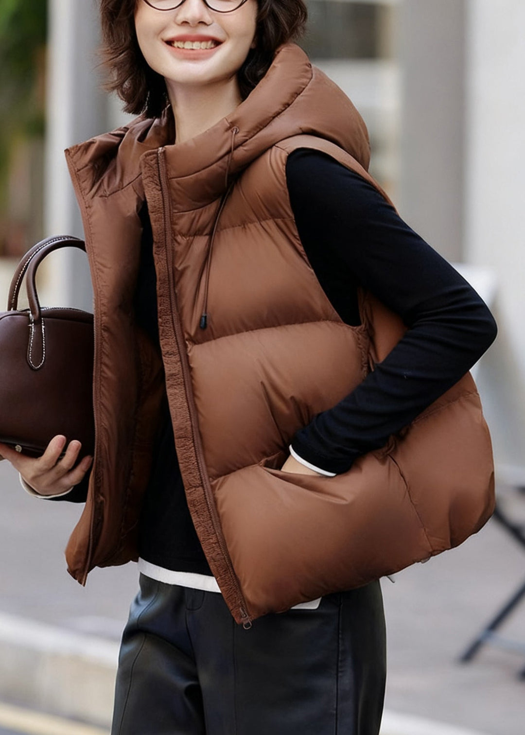 Coffee Pockets Drawstring Duck Down Waistcoat Hooded Winter