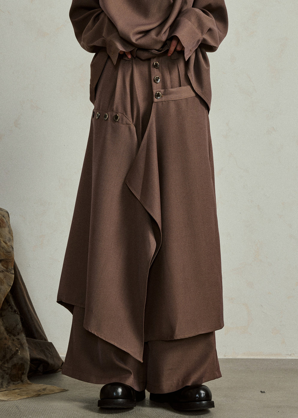 Coffee Pockets High Waist Cotton Pants Skirt Asymmetrical