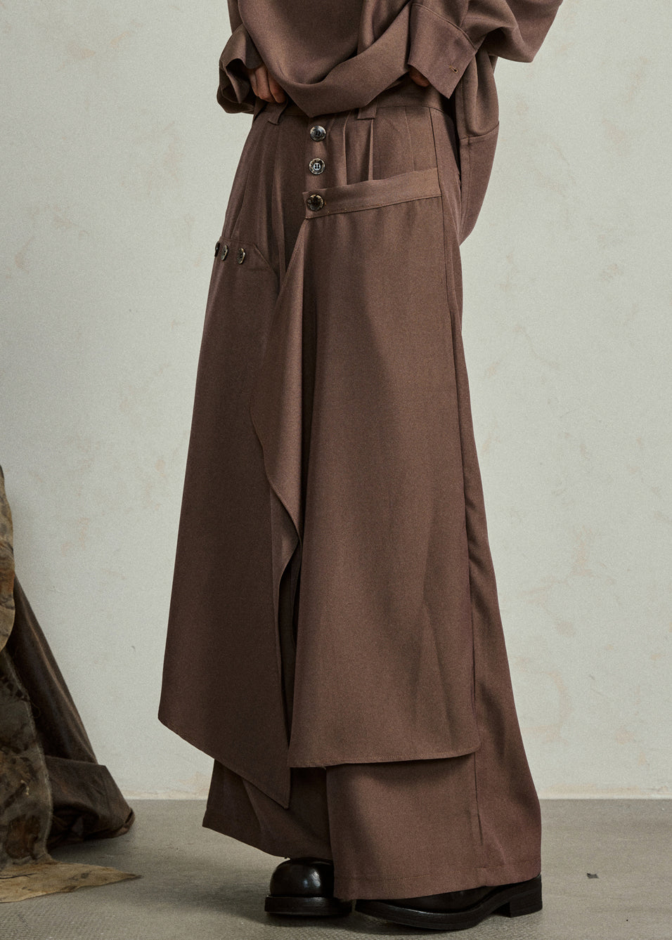 Coffee Pockets High Waist Cotton Pants Skirt Asymmetrical