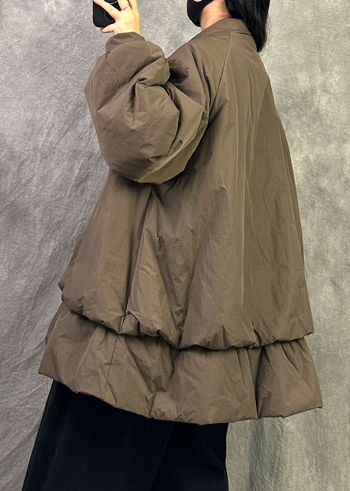 Coffee Pockets Loose Cotton Filled Jacket Peter Pan Collar Button Winter