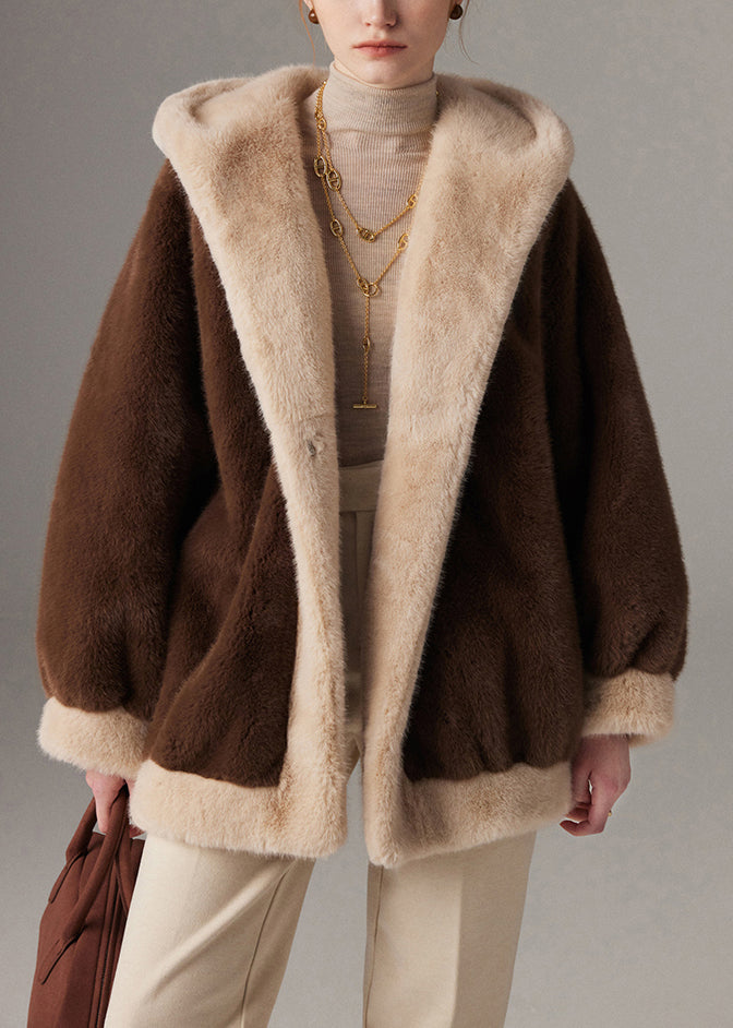 Coffee Pockets Plus Size Patchwork Mink Hair Winter Coat Hooded