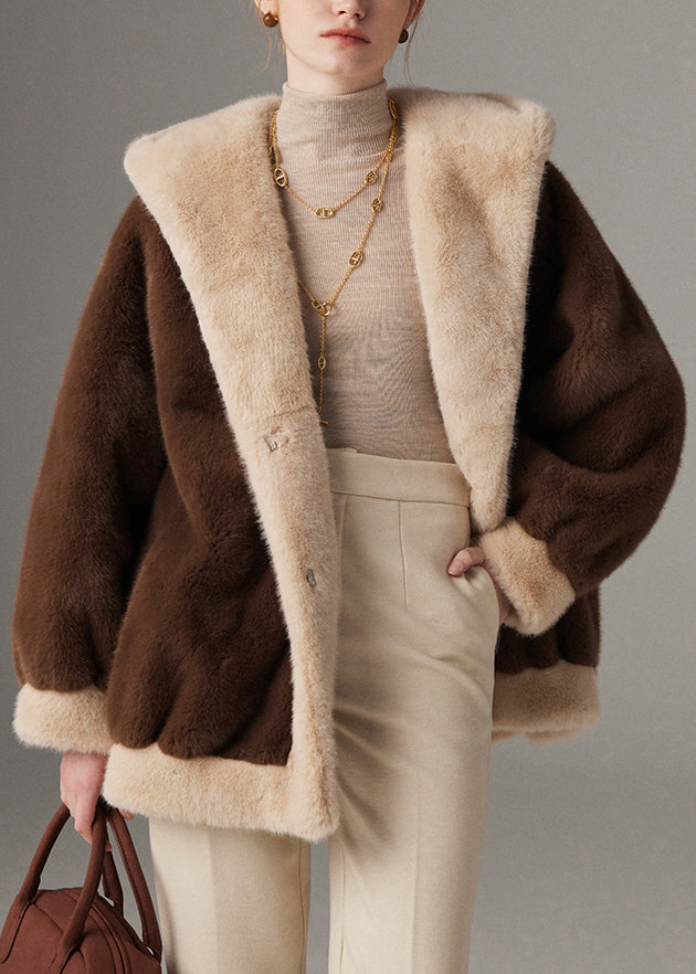 Coffee Pockets Plus Size Patchwork Mink Hair Winter Coat Hooded