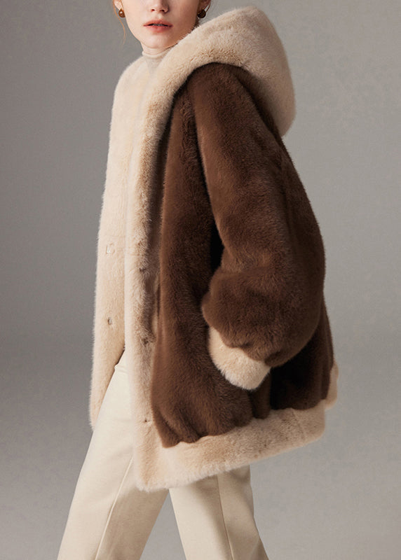 Coffee Pockets Plus Size Patchwork Mink Hair Winter Coat Hooded
