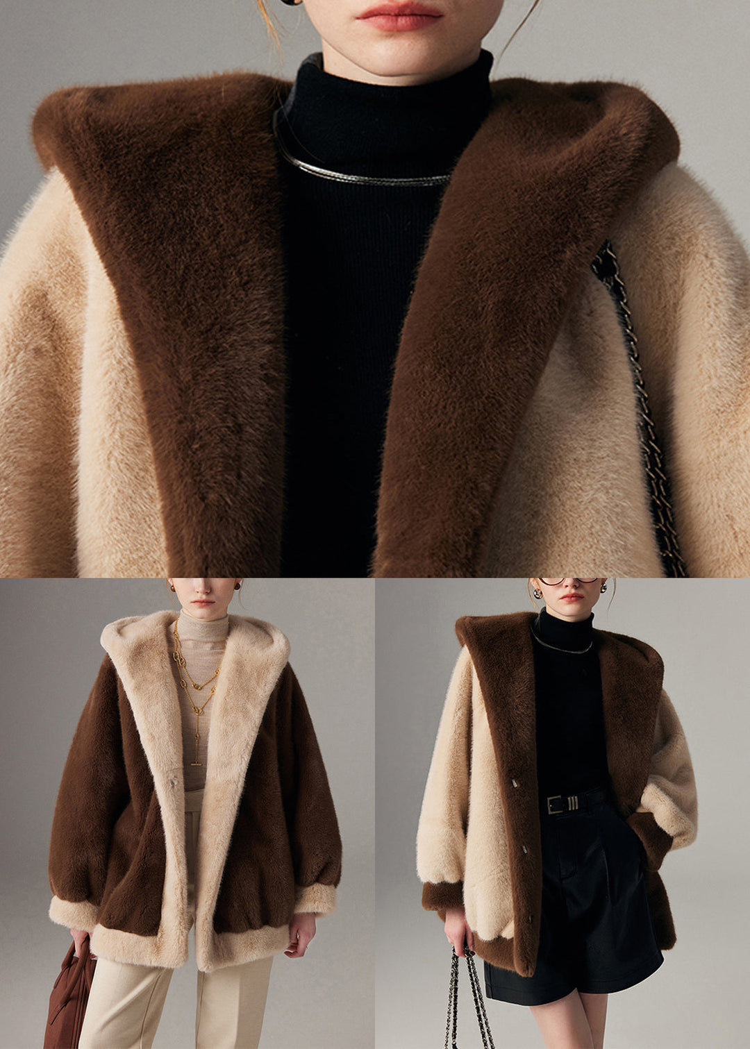 Coffee Pockets Plus Size Patchwork Mink Hair Winter Coat Hooded