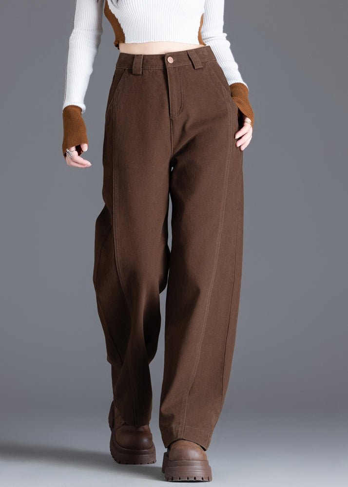 Coffee Pockets Solid Denim Pants High Waist Spring