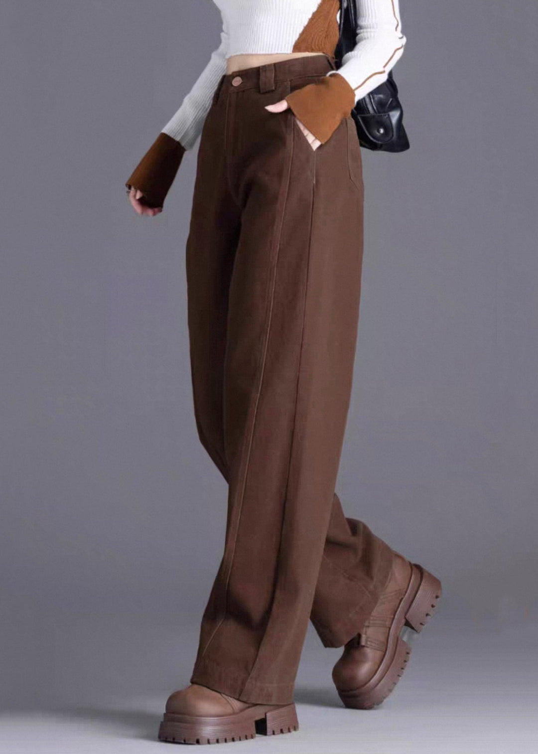 Coffee Pockets Solid Denim Pants High Waist Spring