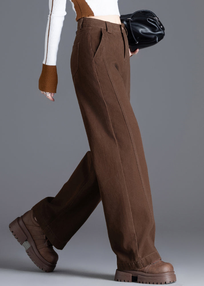 Coffee Pockets Solid Denim Pants High Waist Spring