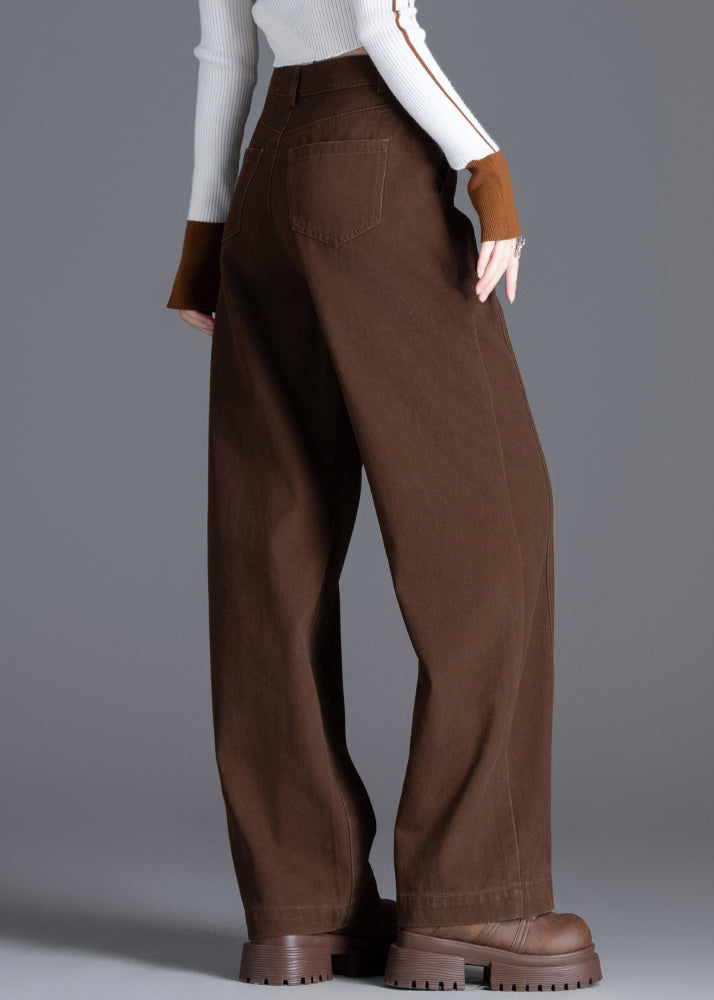 Coffee Pockets Solid Denim Pants High Waist Spring