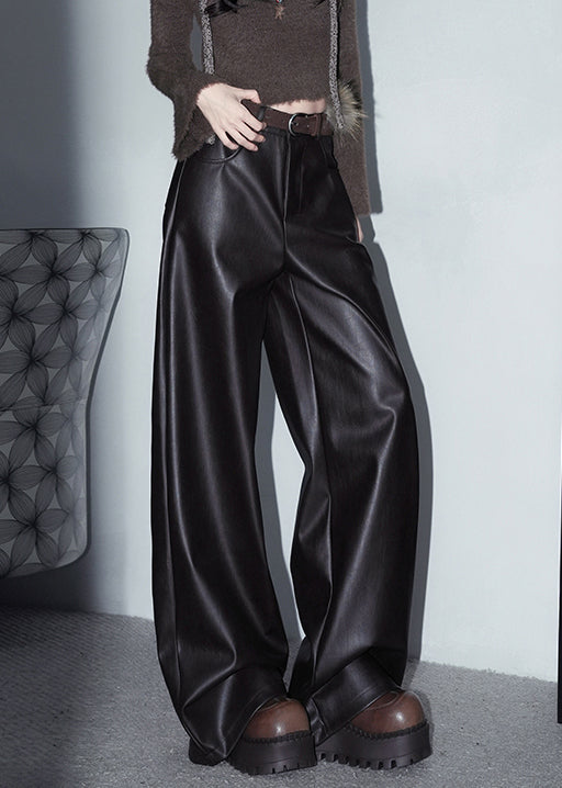 Coffee Pockets Solid Faux Leather Pants High Waist