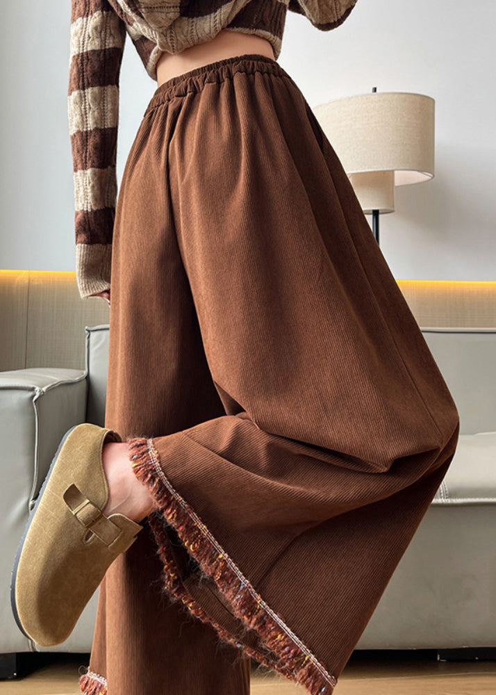 Coffee Pockets Tasseled Corduroy Wide Leg Pants Elastic Waist