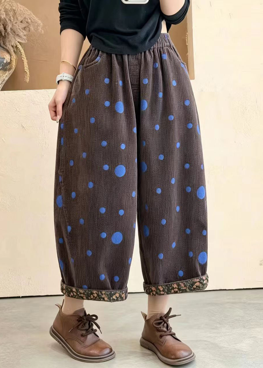 Coffee Polka Dot Print Corduroy Crop Pants Cuffed Fall