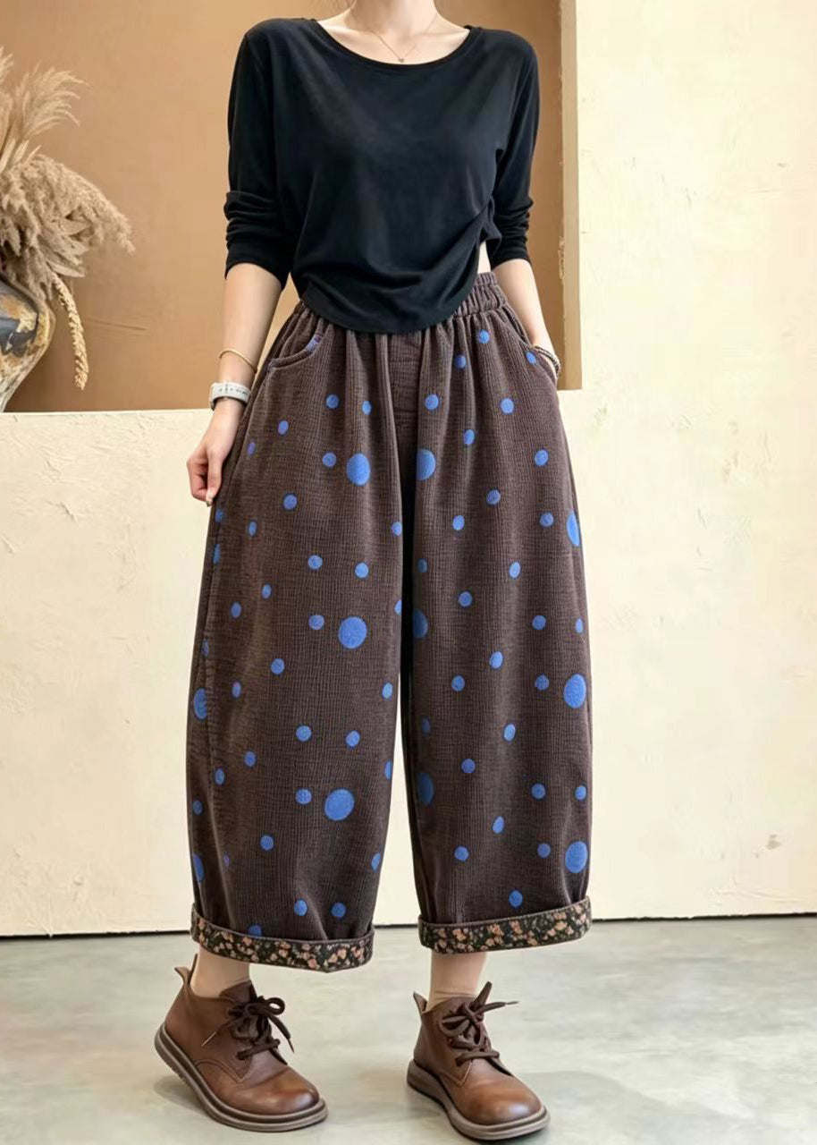 Coffee Polka Dot Print Corduroy Crop Pants Cuffed Fall