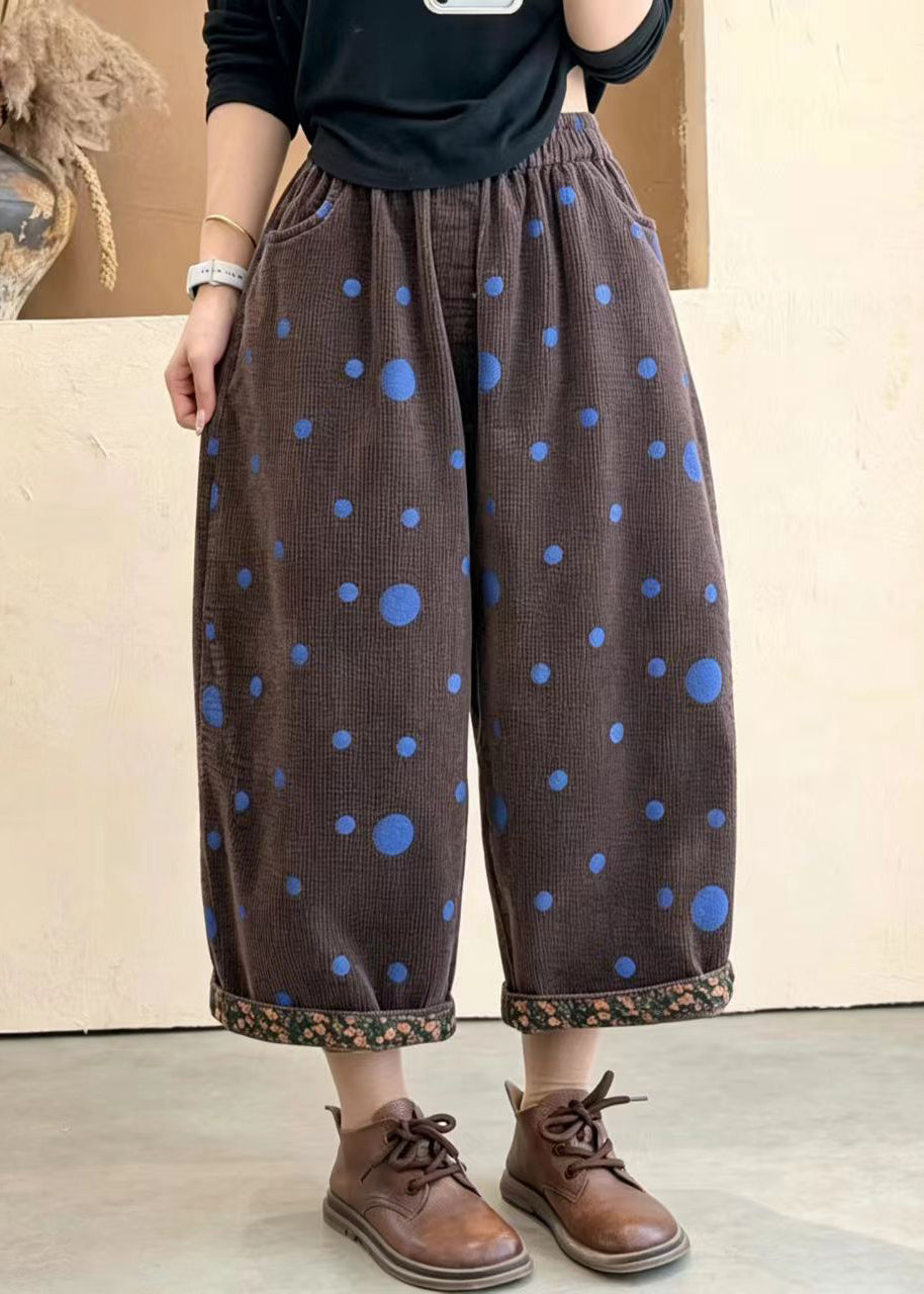 Coffee Polka Dot Print Corduroy Crop Pants Cuffed Fall