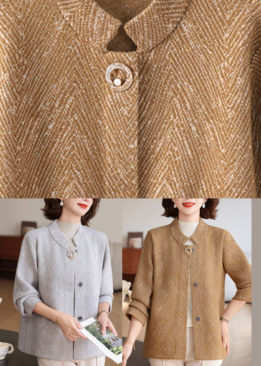Coffee Print Button Knit Coats Long Sleeve
