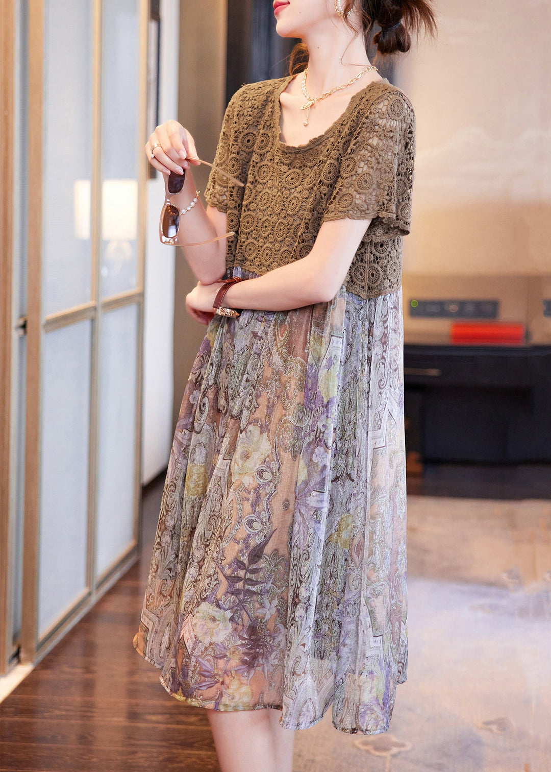 Coffee Print Chiffon Patchwork Summer Dress Hollow Out
