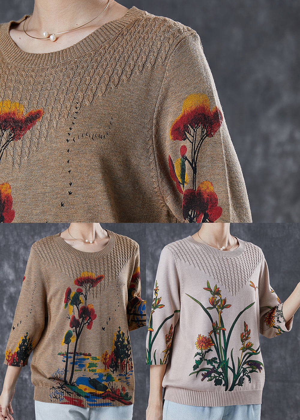 Coffee Print Knit Sweater Tops Oversized Spring