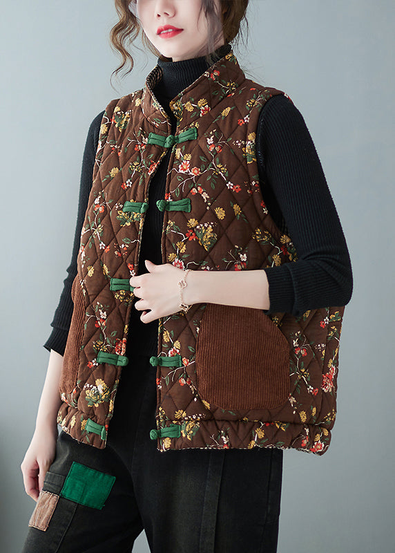Coffee Print Pockets Patchwork Cotton Filled Waistcoat Stand Collar Sleeveless