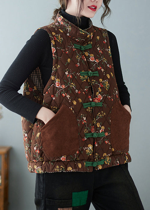 Coffee Print Pockets Patchwork Cotton Filled Waistcoat Stand Collar Sleeveless
