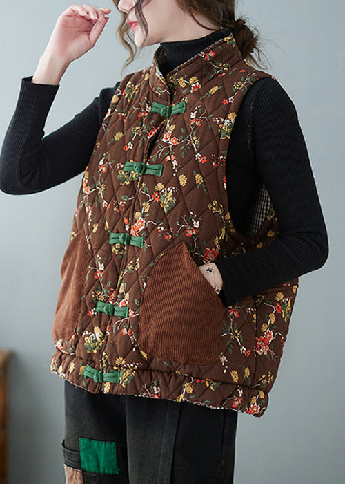 Coffee Print Pockets Patchwork Cotton Filled Waistcoat Stand Collar Sleeveless