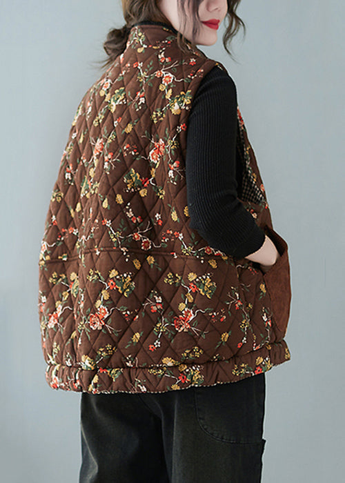 Coffee Print Pockets Patchwork Cotton Filled Waistcoat Stand Collar Sleeveless