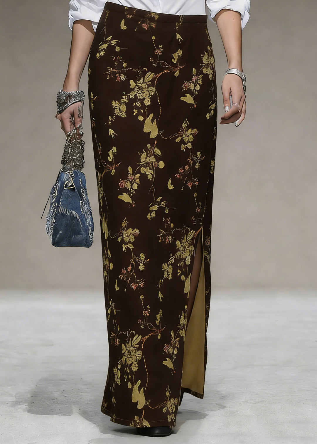 Coffee Print Side Open Silk Velvet Skirts High Waist