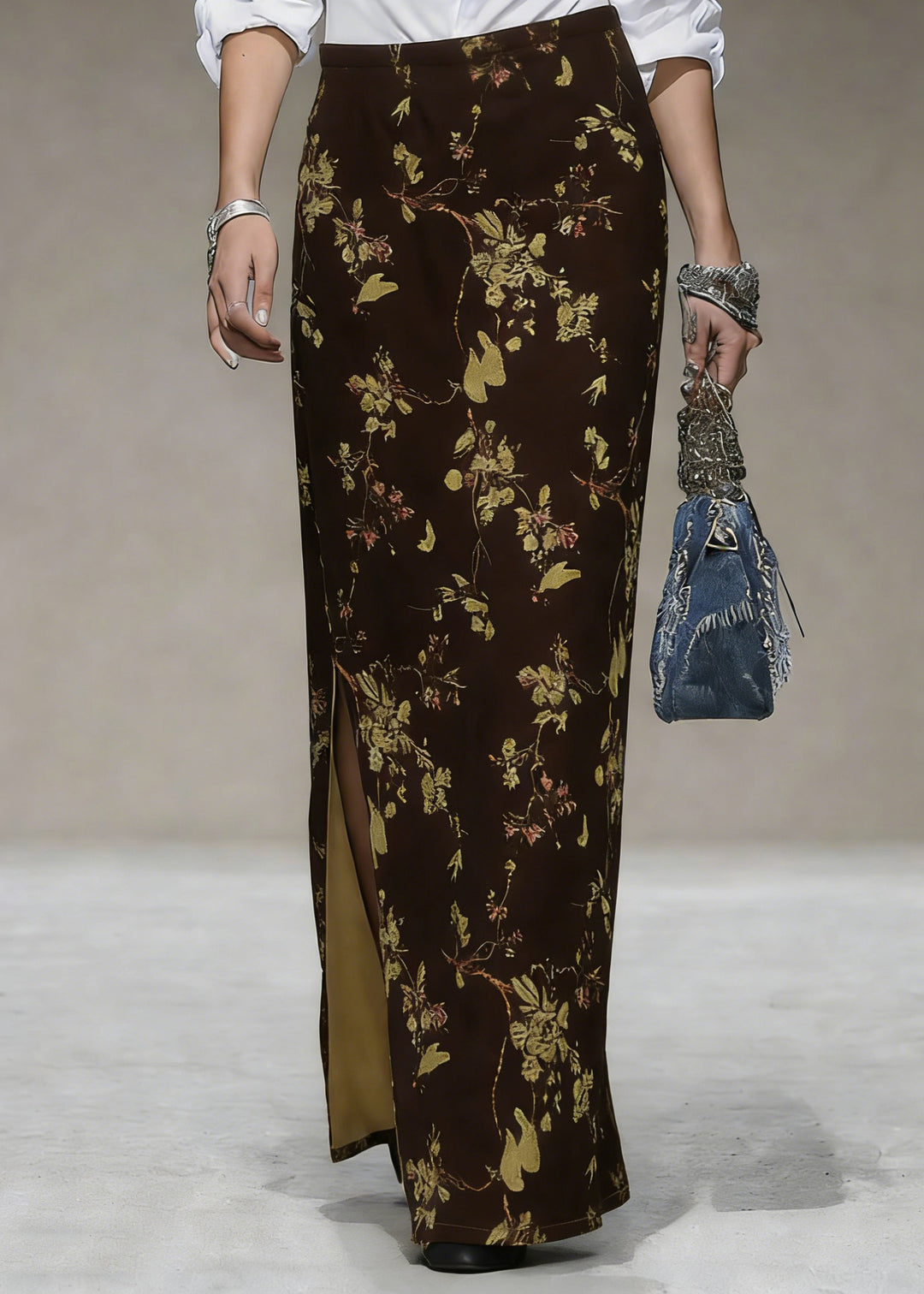 Coffee Print Side Open Silk Velvet Skirts High Waist