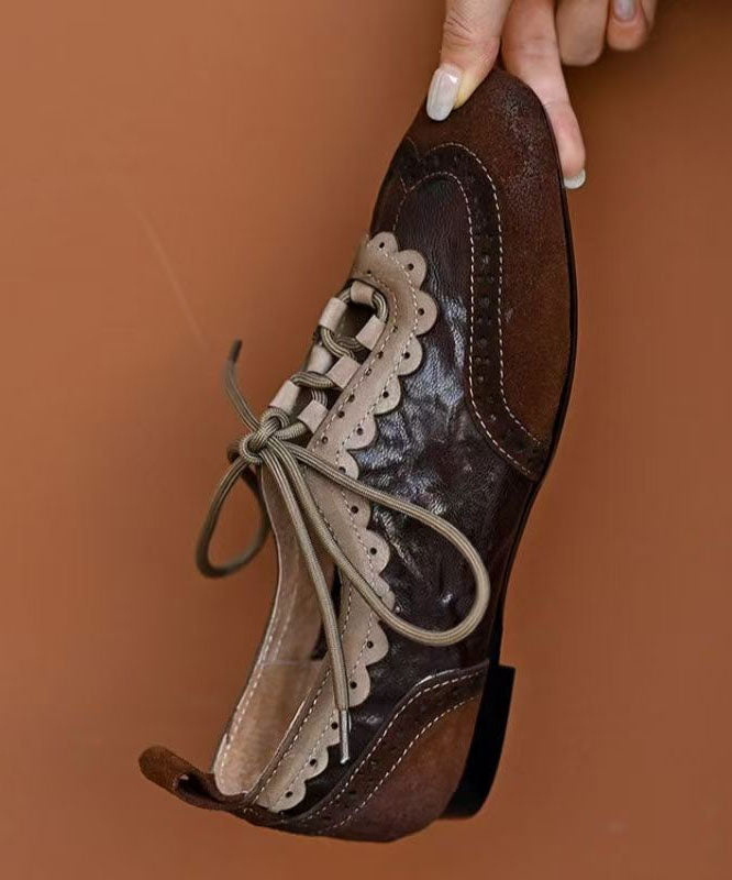 Coffee Sheepskin Splicing Lace Up Loafers For Women