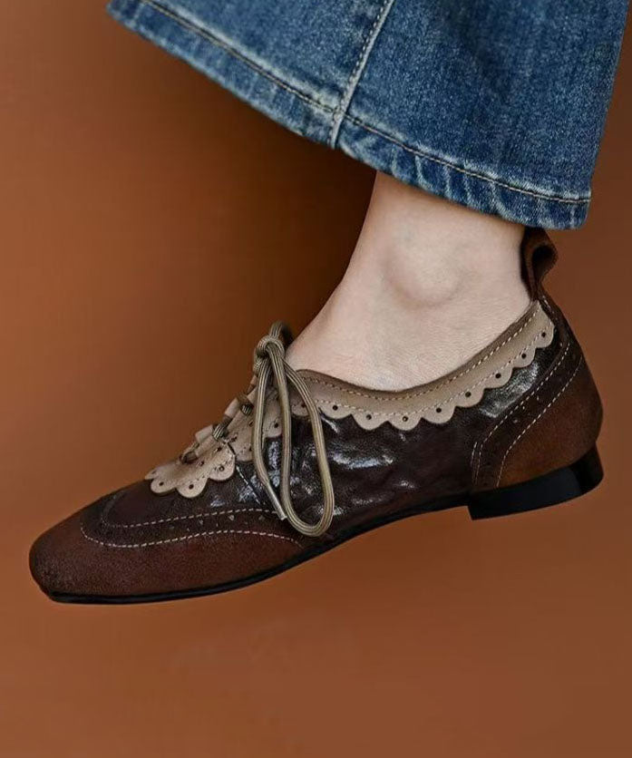 Coffee Sheepskin Splicing Lace Up Loafers For Women