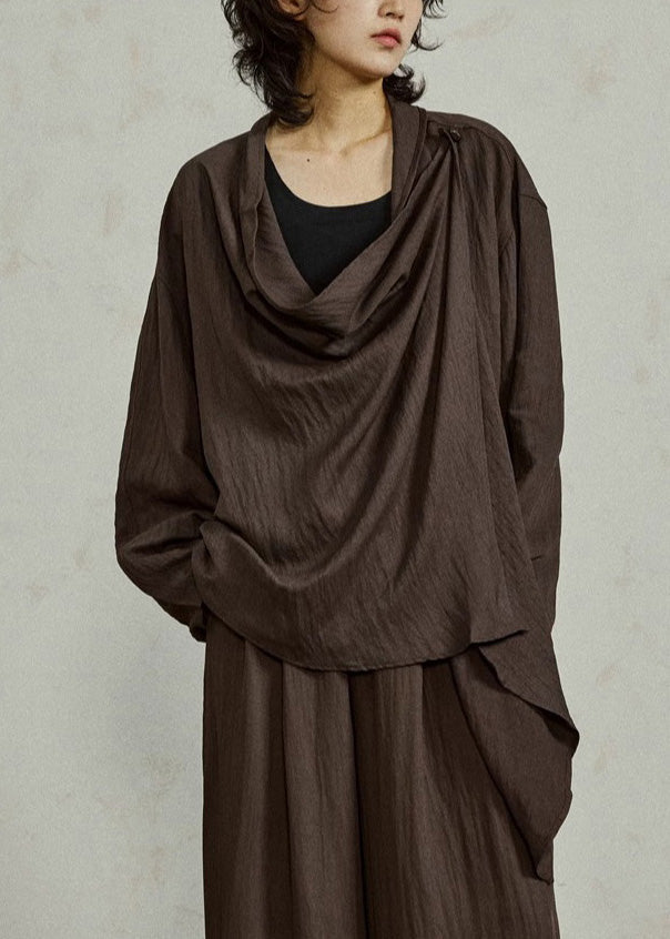 Coffee Shirt Flare Sleeve Patchwork Tie Waist