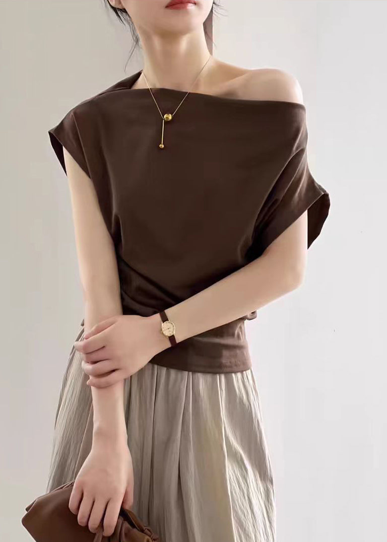 Coffee Solid Cotton Summer T Shirts Cold Shoulder