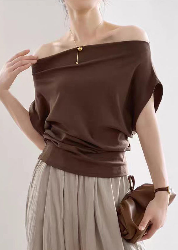 Coffee Solid Cotton Summer T Shirts Cold Shoulder