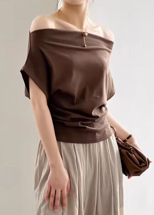 Coffee Solid Cotton Summer T Shirts Cold Shoulder