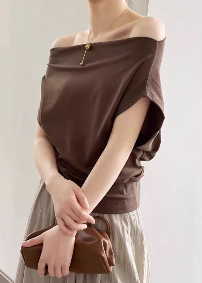 Coffee Solid Cotton Summer T Shirts Cold Shoulder