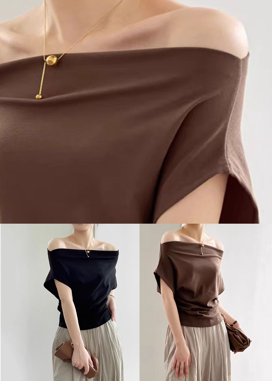 Coffee Solid Cotton Summer T Shirts Cold Shoulder