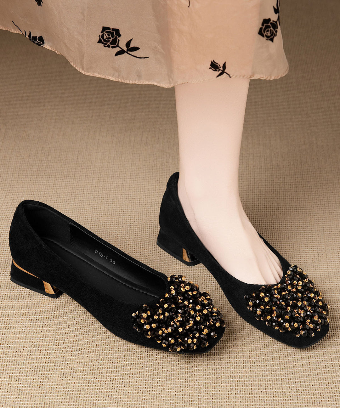 Coffee Splicing Classy Chunky Shoes Zircon Square Toe