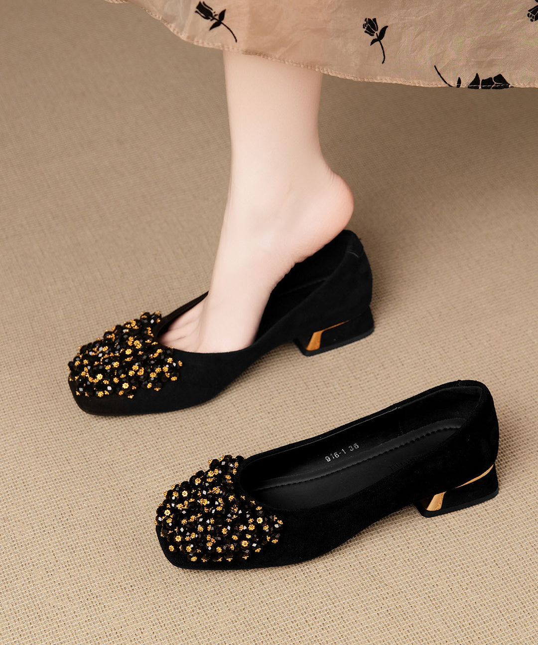 Coffee Splicing Classy Chunky Shoes Zircon Square Toe