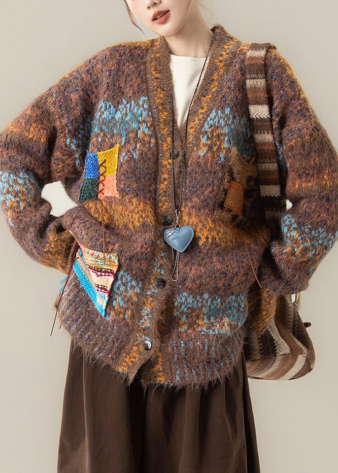 Coffee Striped Button Cozy Patchwork Knit Coat V Neck