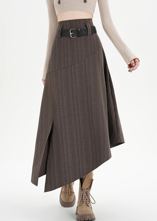 Coffee Striped Side Open High Waist Spandex Skirts Asymmetrical