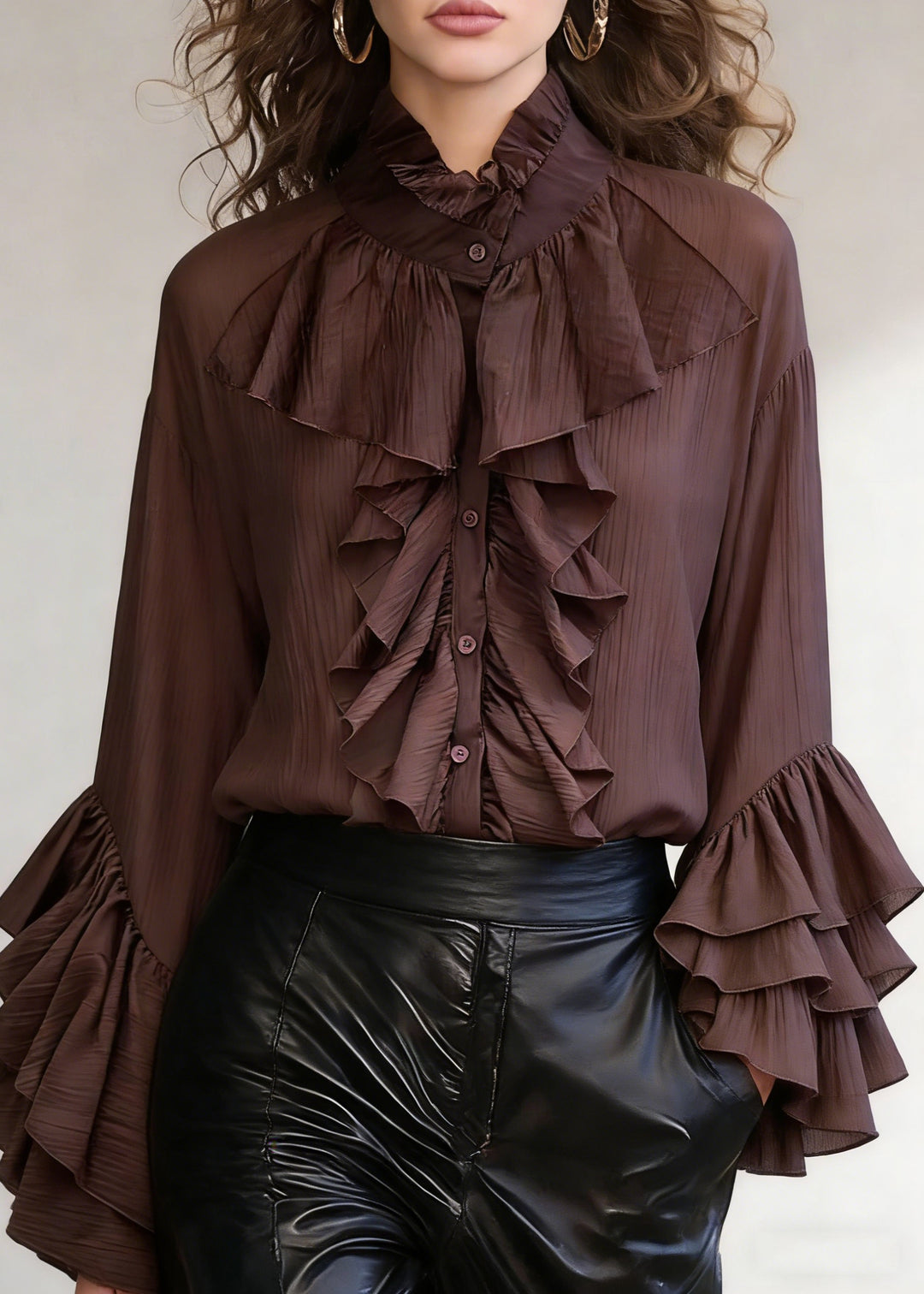 Coffee Wrinkled Button Cotton Shirt Stand Collar Spring - Omychic