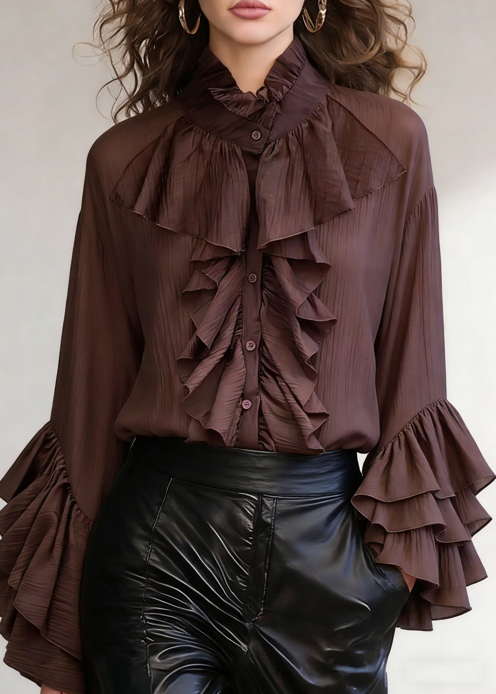 Coffee Wrinkled Button Cotton Shirt Stand Collar Spring - Omychic