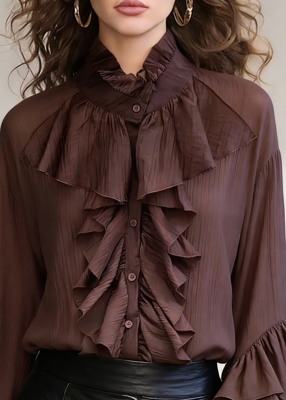 Coffee Wrinkled Button Cotton Shirt Stand Collar Spring - Omychic