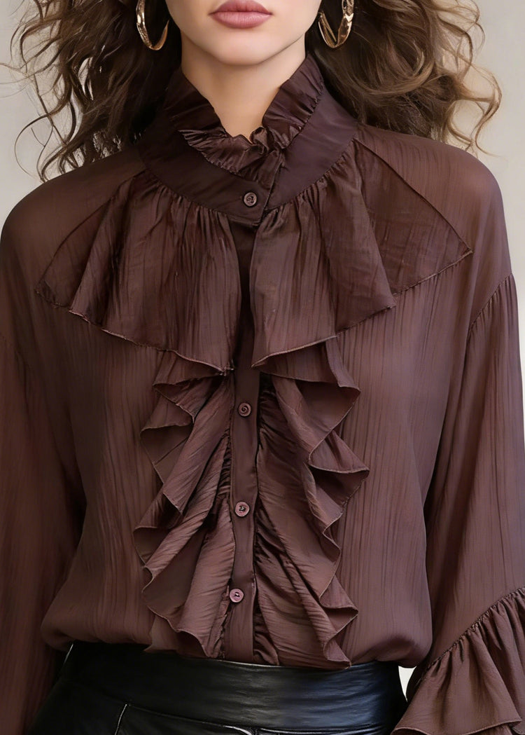 Coffee Wrinkled Button Cotton Shirt Stand Collar Spring - Omychic