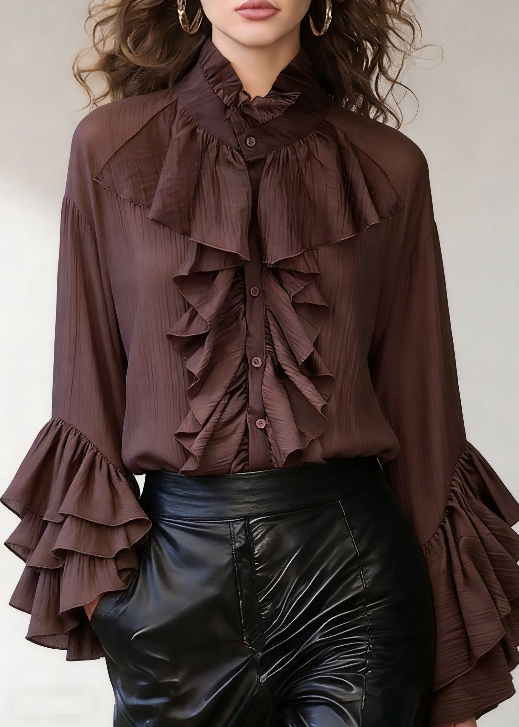 Coffee Wrinkled Button Cotton Shirt Stand Collar Spring - Omychic