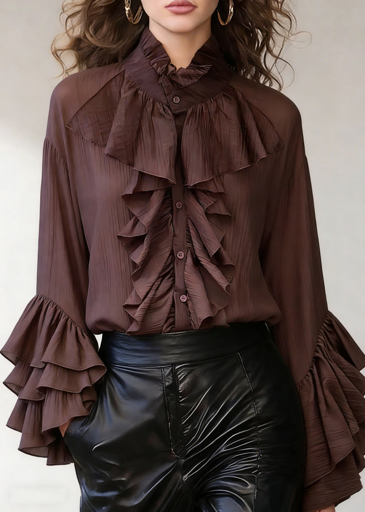 Coffee Wrinkled Button Cotton Shirt Stand Collar Spring - Omychic