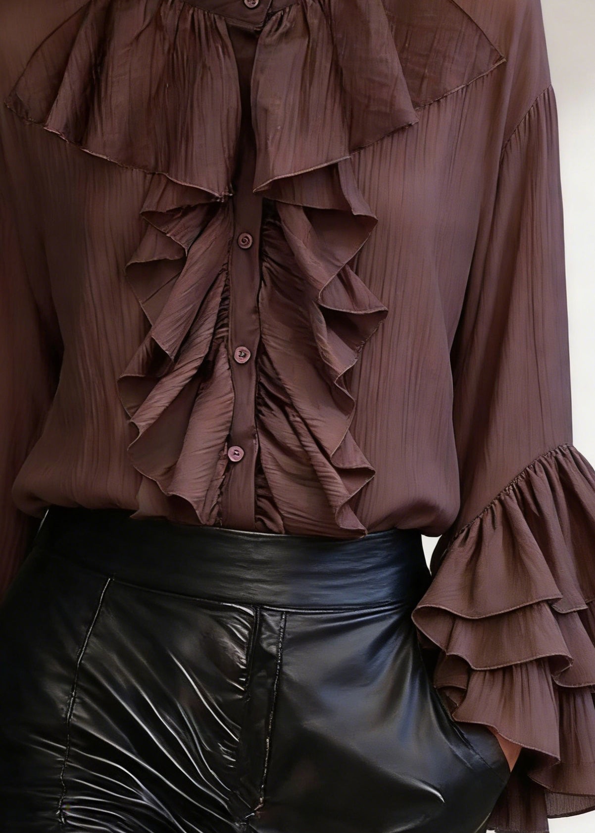 Coffee Wrinkled Button Cotton Shirt Stand Collar Spring - Omychic