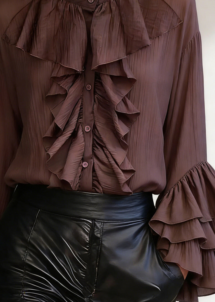 Coffee Wrinkled Button Cotton Shirt Stand Collar Spring - Omychic