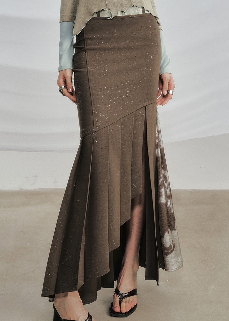 Coffee Zip Up Side Open Cotton Fall Skirts Asymmetrical