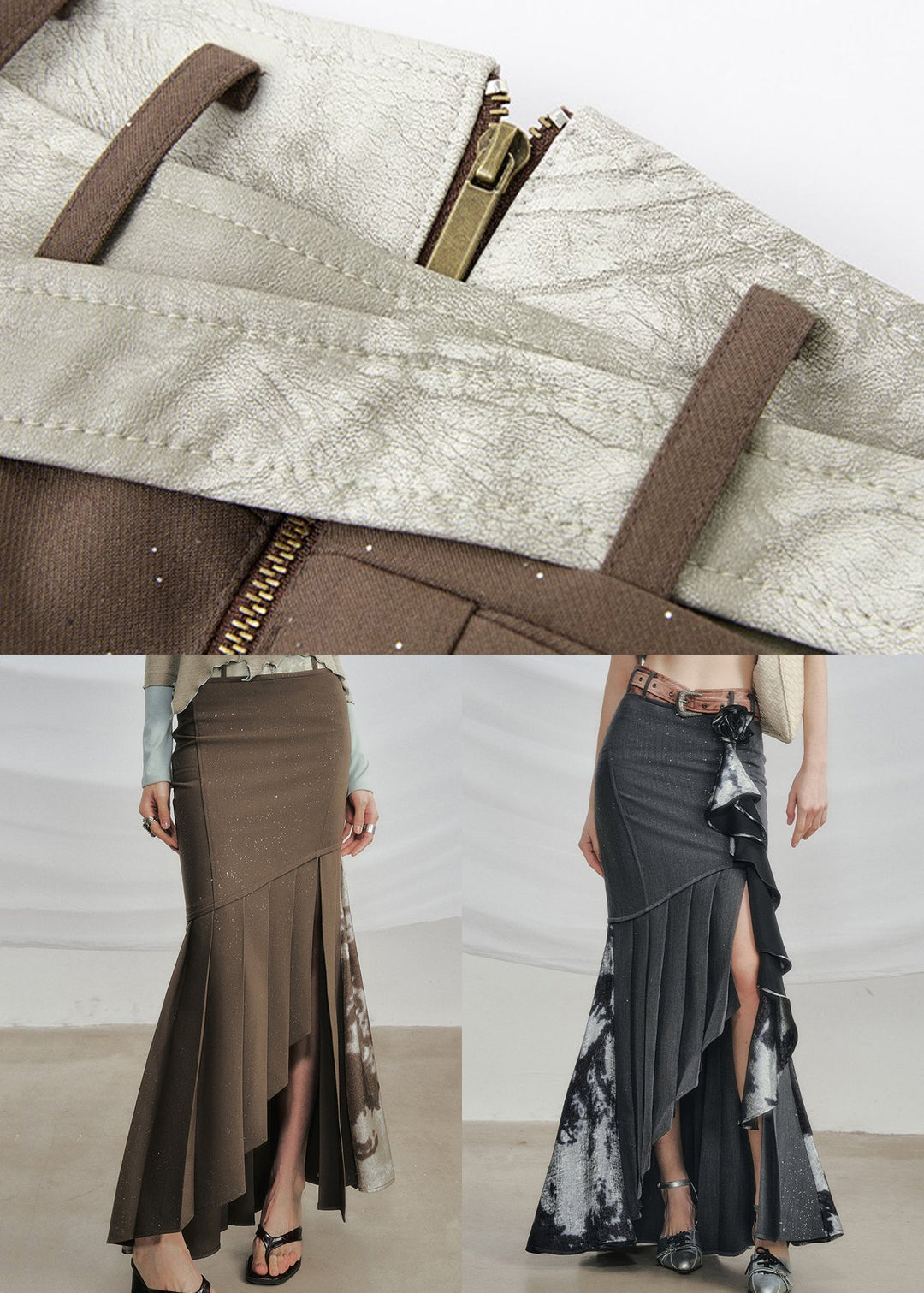 Coffee Zip Up Side Open Cotton Fall Skirts Asymmetrical