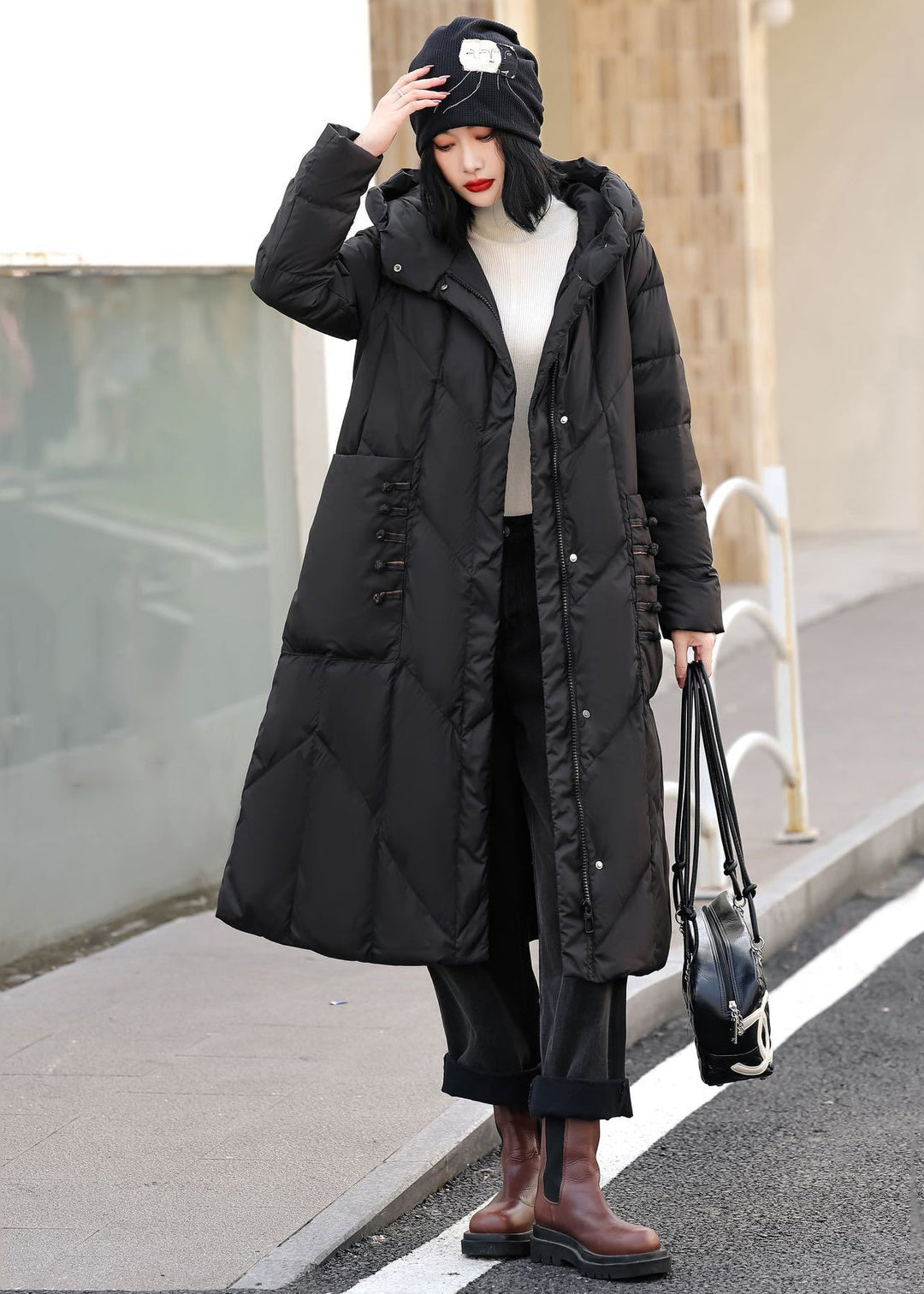 Coffee Zippered Pockets Duck Down Down Long Coat Hooded